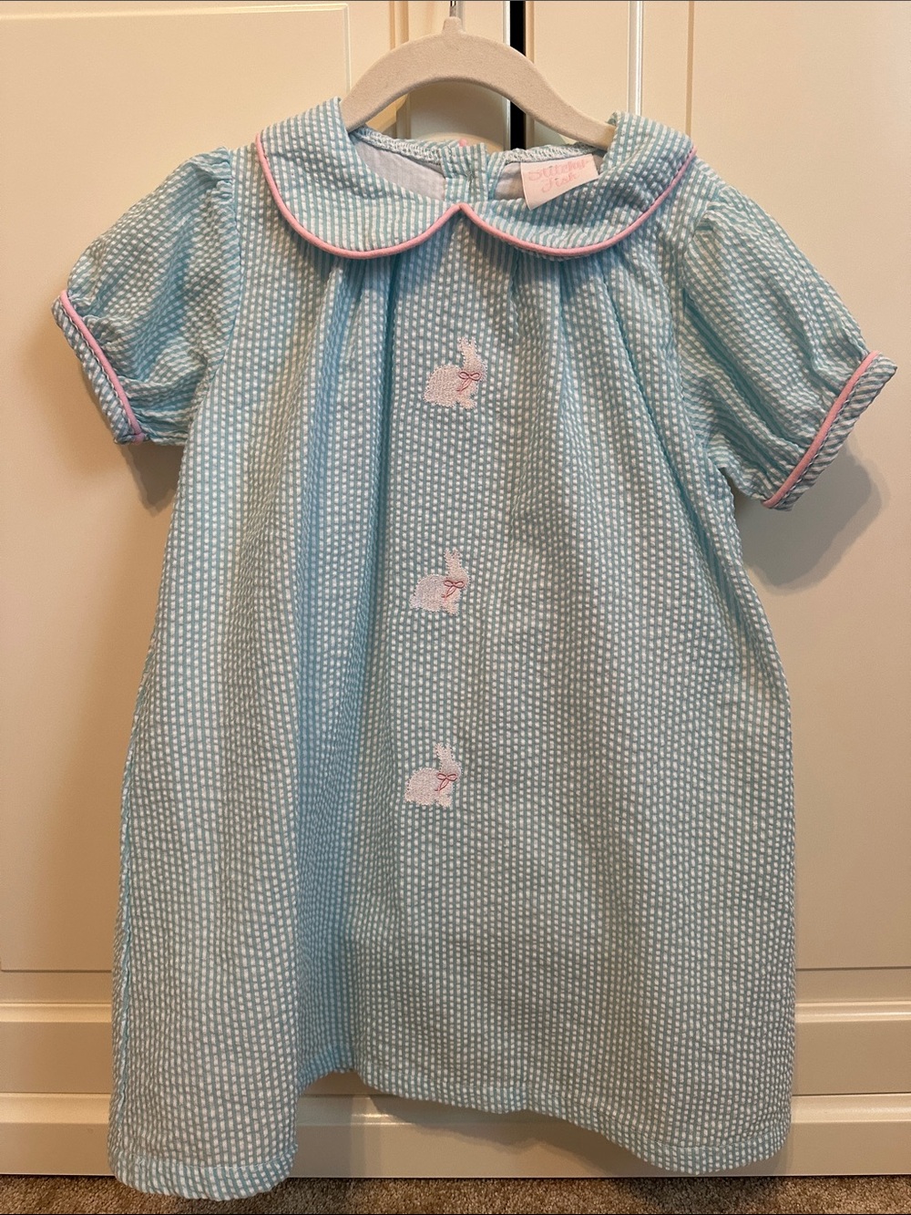 Light Blue Seersucker Kids Dress with Pink Trim